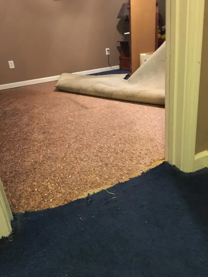 Carpet pad removal revealing water damage during Drying & Dehumidification in West Goshen